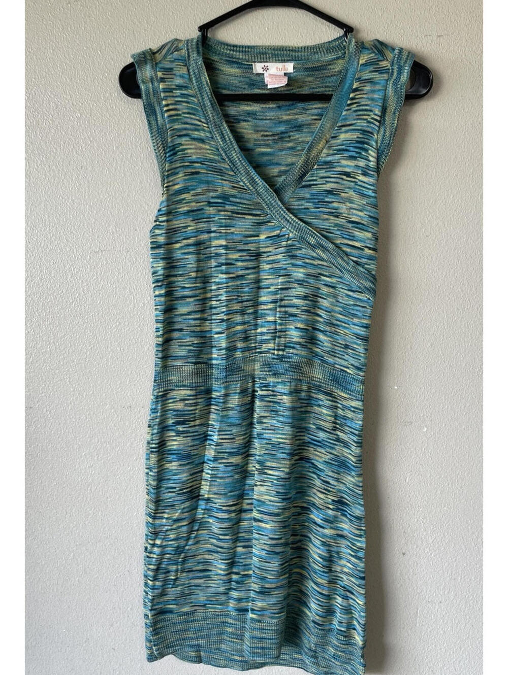 Tulle Small Dress Sleeveless Faux Wrap V Neck Green